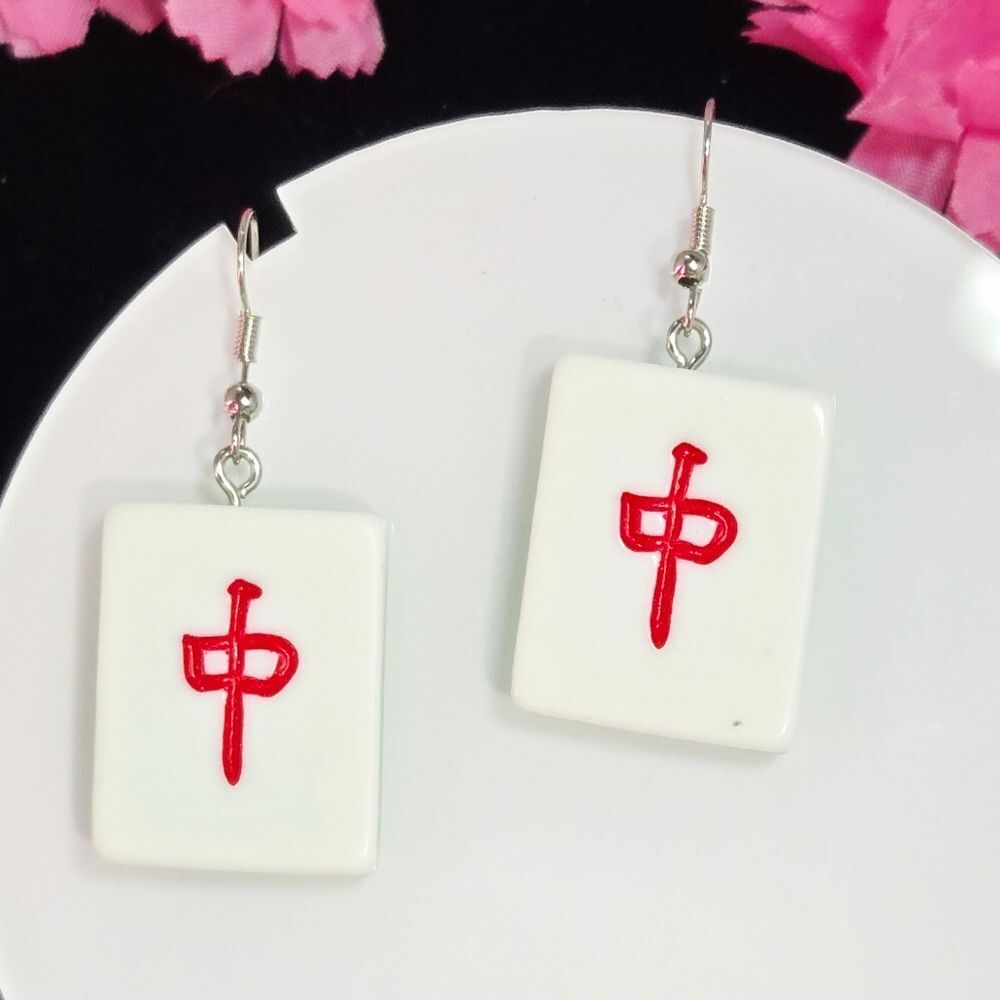 Red Dragon Mahjong Tile Earrings – Chinese Symbol Punk Resin Dangle Statement